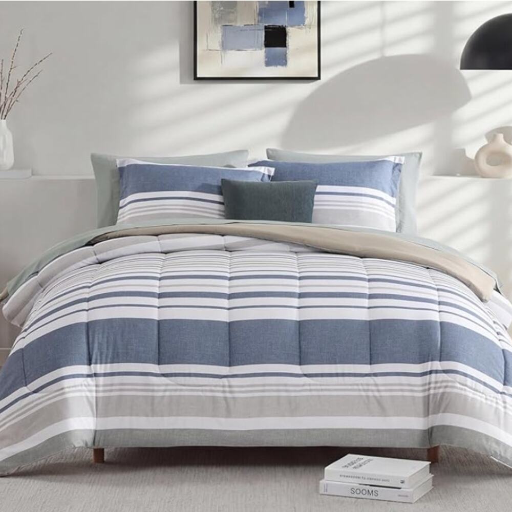 NEW 7 Pc Queen Comforter Set w/ Sheets, Pillowcases & Shams- Ocean Blue-Stripe